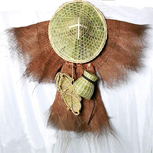 Palm Tree Bark Raincoat and Bamboo Hat with Straw Sandals and Fish Basket Traditional East Asian Peasant Poncho Cloth